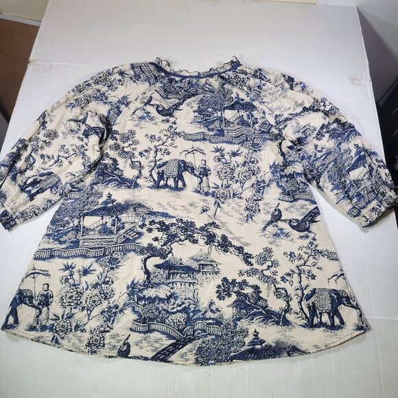 Weekend By Suzanne Betro Cotton Blue/White Long Sleeve Printed Tunic Top Size L - Picture 6 of 10